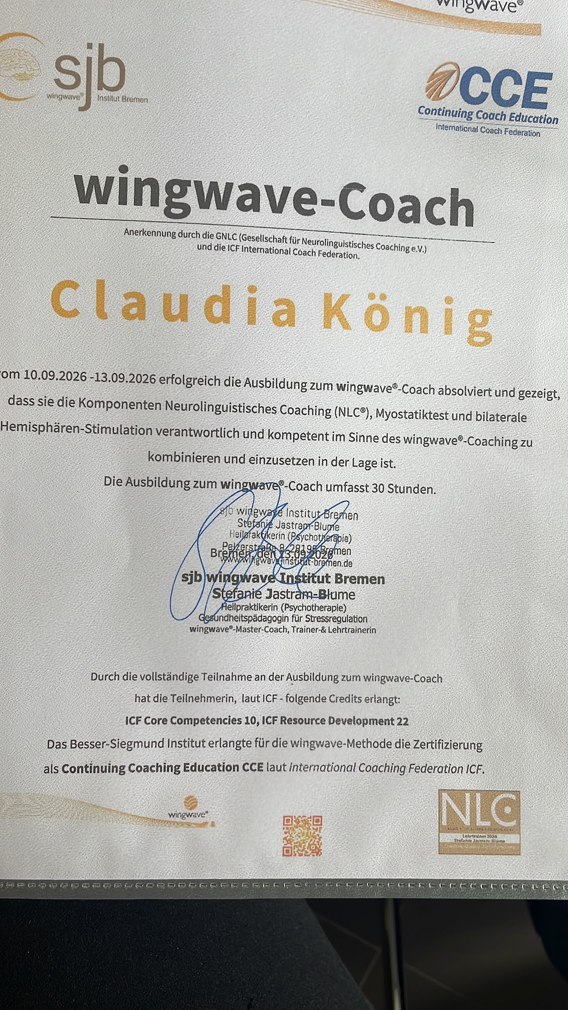 Urkunde der wingwave®-Coach-Ausbildung für Claudia König